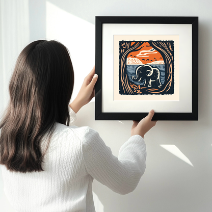 Cute Elephant Calf Linoprint-Style Art (54-1)