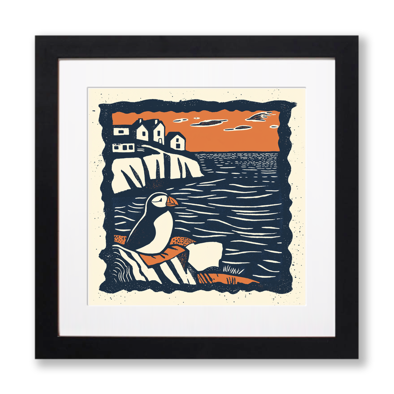 Puffin on cliff edge Linoprint-Style Art (105-1)