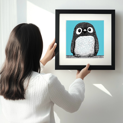 Cute Penguin Chick Linoprint-Style Art (636-1)