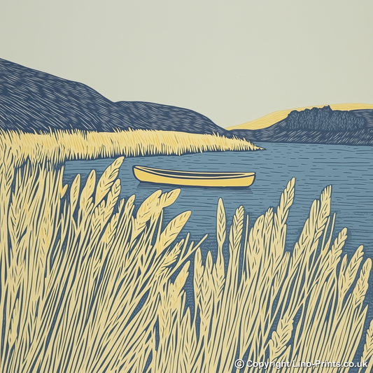 Canoe in reeds at Elterwater Linoprint-Style Art (2380-2)
