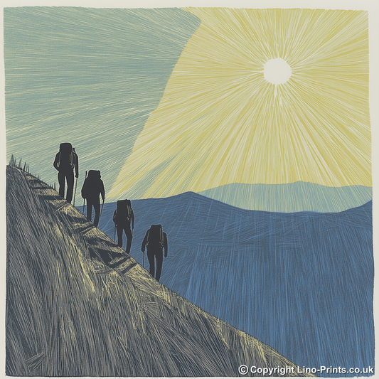 Hikers on a ridge silhouette Linoprint-Style Art (2456-2)