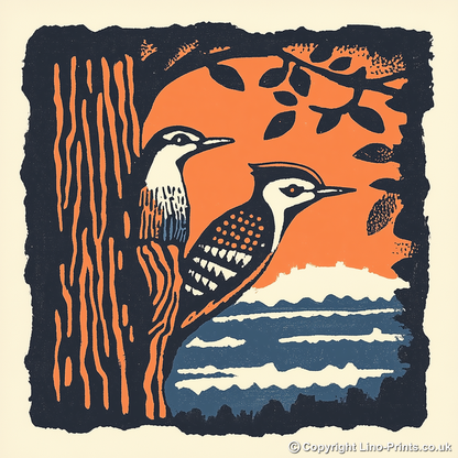 Woodpecker on tree trunk Linoprint-Style Art (118-1)