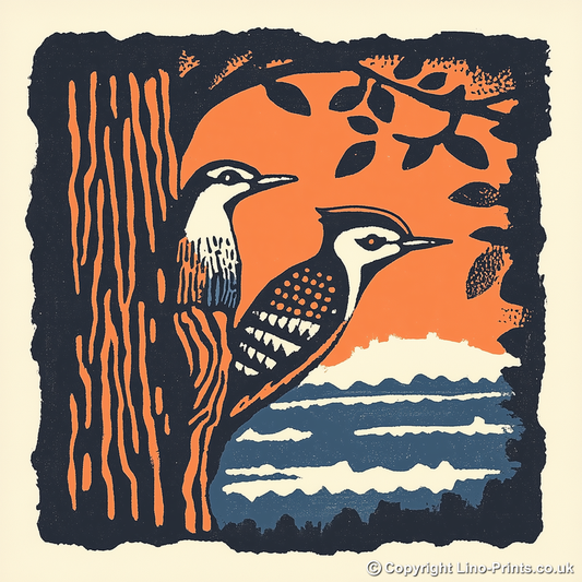 Woodpecker on tree trunk Linoprint-Style Art (118-1)