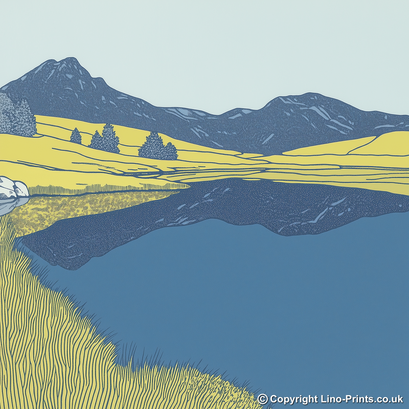 Blea Tarn reflections of Langdales Linoprint-Style Art (2362-1)