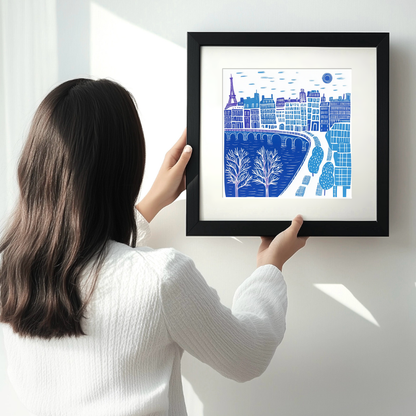 Paris skyline Linoprint-Style Art (863-1)
