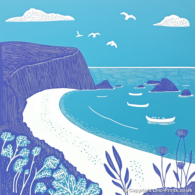 Beer Beach, Devon Linoprint-Style Art (1078-2)