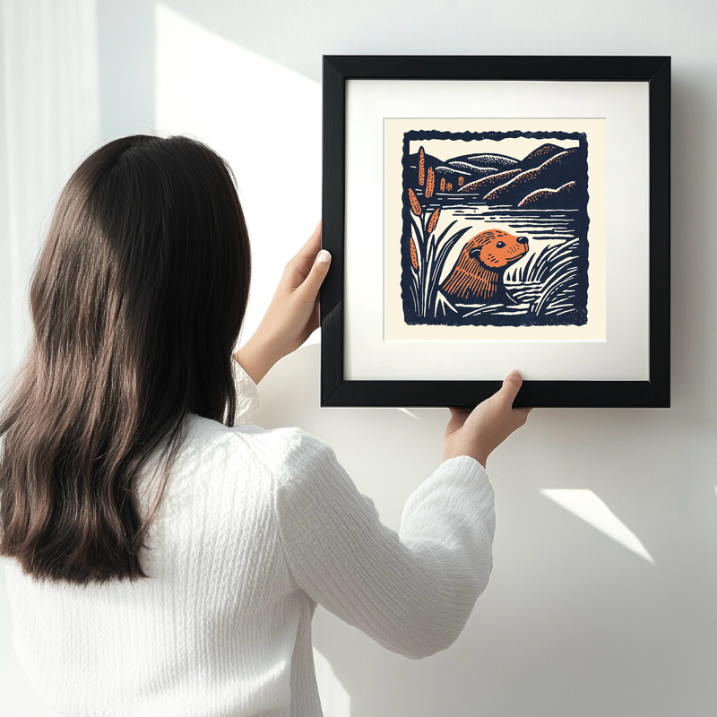 Cute Baby Beaver Linoprint-Style Art (44-2)