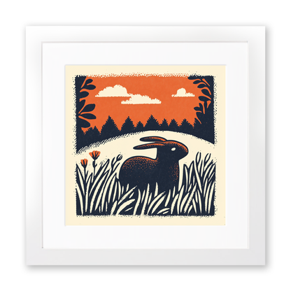 Cute Bunny Linoprint-Style Art (47-4)