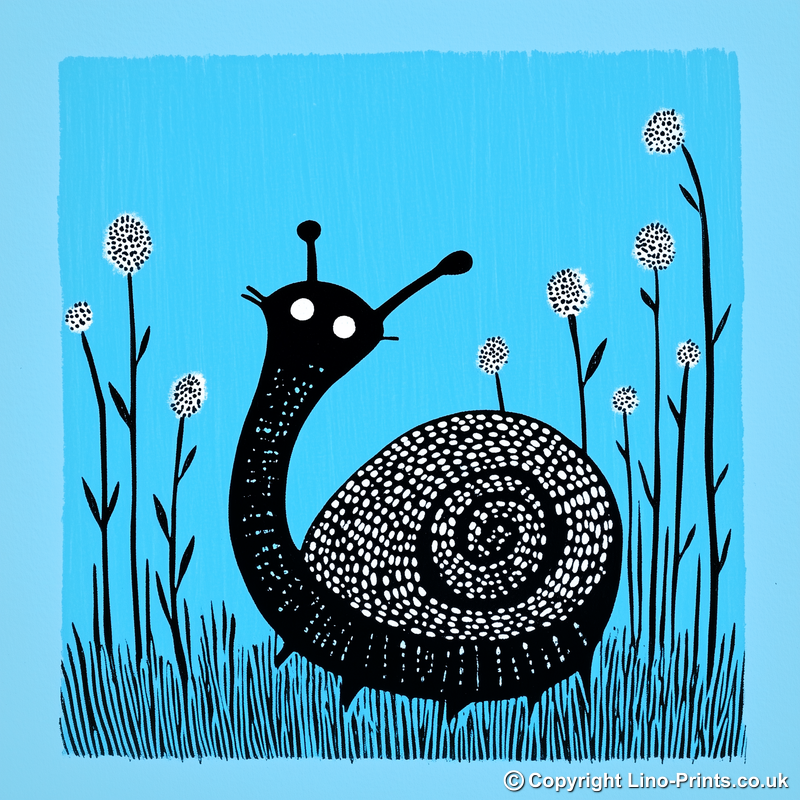 Snail on dewy grass Linoprint-Style Art (733-1)
