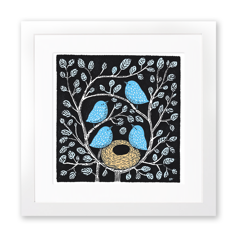 Brambles with birds nesting Linoprint-Style Art (709-2)