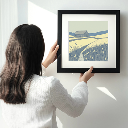 Isolated stone barn in field Linoprint-Style Art (2462-1)