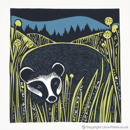 Cute Baby Badger Linoprint-Style Art (1190-1)