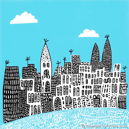 Barcelona skyline Linoprint-Style Art (547-1)