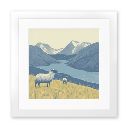 Herdwick sheep on a fellside Linoprint-Style Art (2448-1)