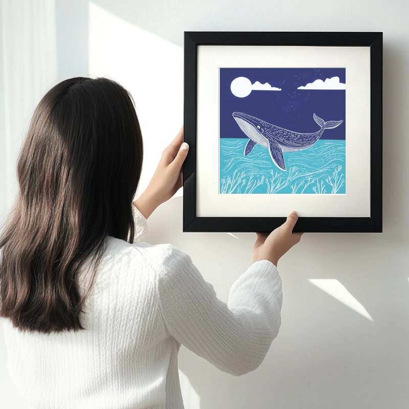 Whale Linoprint-Style Art (1072-2)