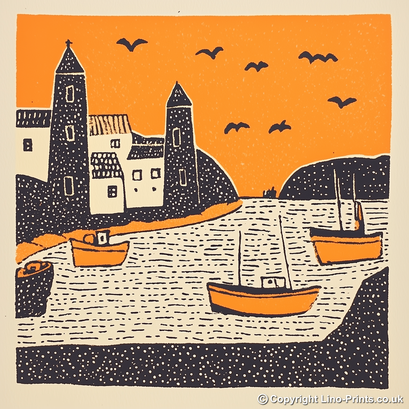 Mevagissey Harbour, Cornwall Linoprint-Style Art (303-1)