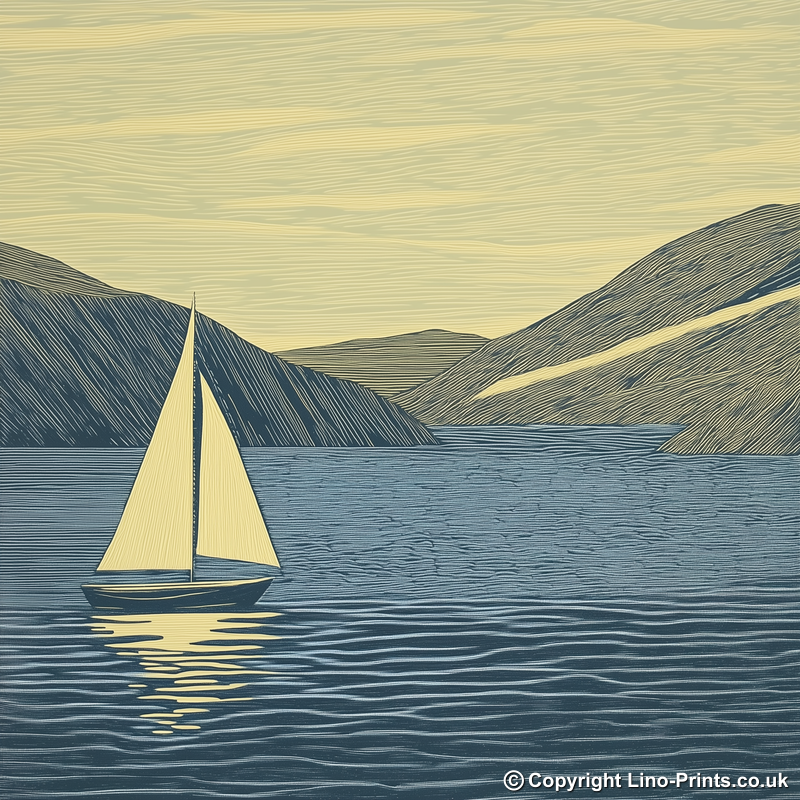 Sailing boat silhouette on the water Linoprint-Style Art (2528-1)