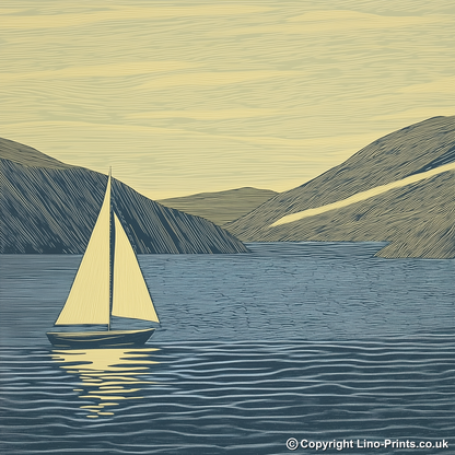 Sailing boat silhouette on the water Linoprint-Style Art (2528-1)
