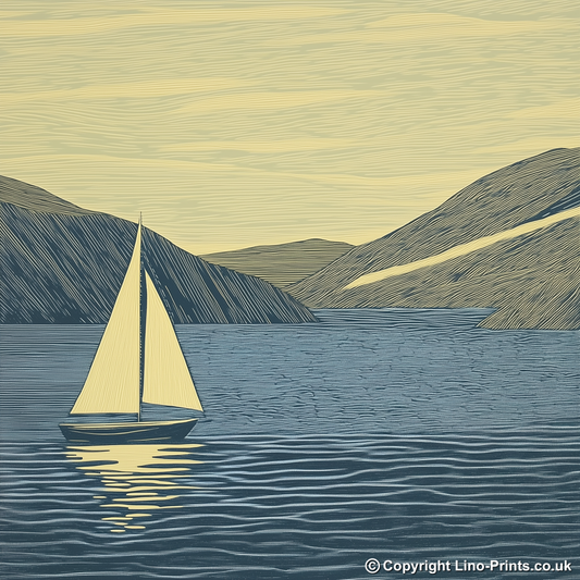 Sailing boat silhouette on the water Linoprint-Style Art (2528-1)
