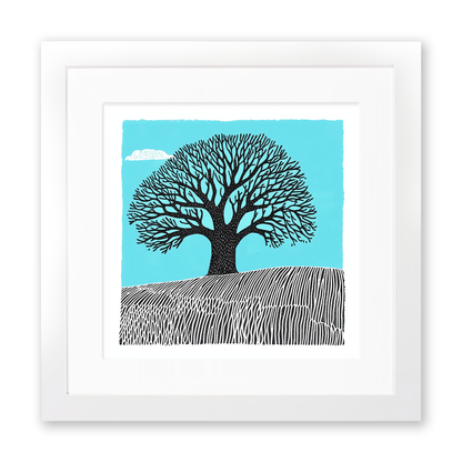 Ancient oak in a Norfolk field Linoprint-Style Art (2255-1)