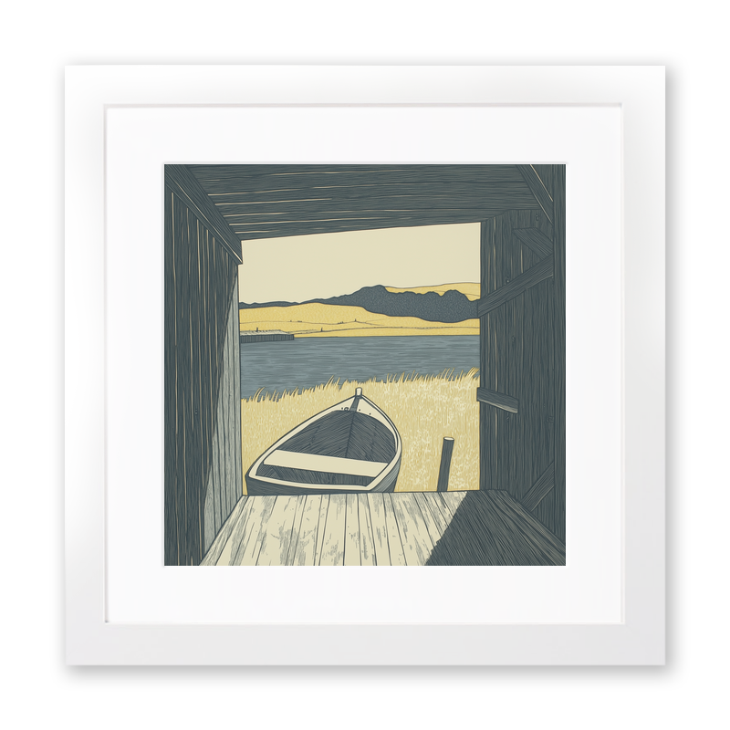 Boat inside open boathouse Linoprint-Style Art (2368-1)