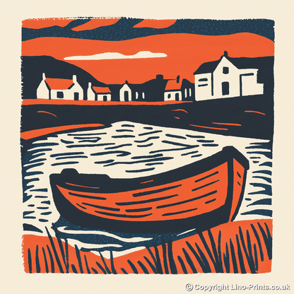Beached dinghy in the mud Linoprint-Style Art (1959-1)