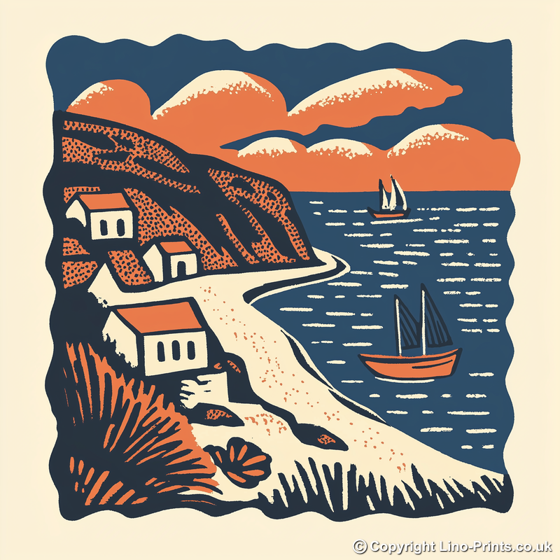 West Bay, Dorset Linoprint-Style Art (161-1)