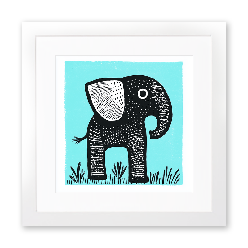Cute Elephant Calf Linoprint-Style Art (619-2)