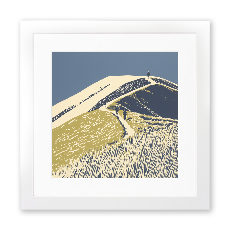 Fell runners descending steep slope Linoprint-Style Art (2427-1)