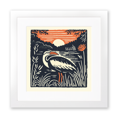 Heron in marshland Linoprint-Style Art (95-1)