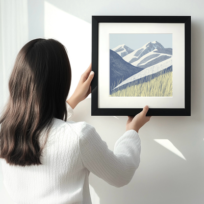 Snow-dusted fell tops Linoprint-Style Art (2557-1)