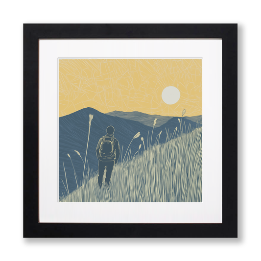 Hiker silhouette watching sunset over fells Linoprint-Style Art (2455-3)