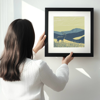 Stag silhouette on a ridge line Linoprint-Style Art (2559-4)