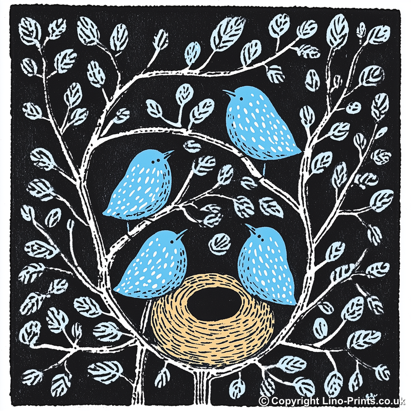 Brambles with birds nesting Linoprint-Style Art (709-2)