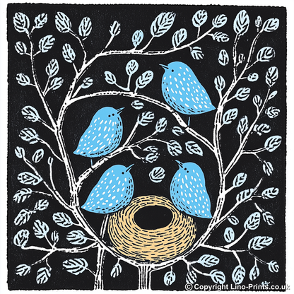 Brambles with birds nesting Linoprint-Style Art (709-2)