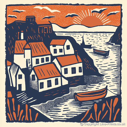 Whitby Harbour, North Yorkshire Linoprint-Style Art (162-1)