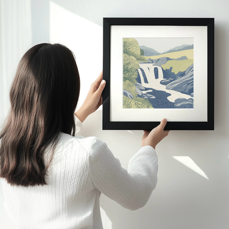 Aira Force waterfall in the Lake District Linoprint-Style Art (2355-3)