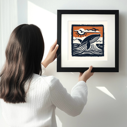 Whale breaching the surface Linoprint-Style Art (116-2)