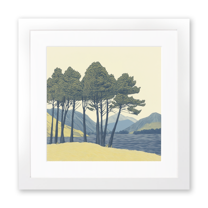Pine trees silhouette on a lake island (e.g., Derwentwater) Linoprint-Style Art (2504-5)