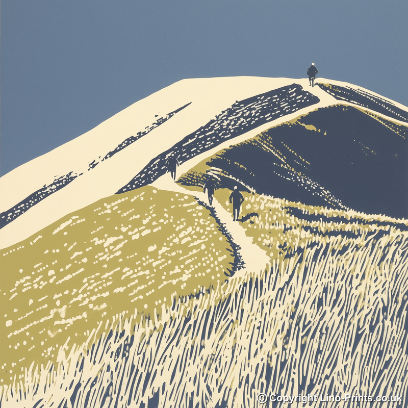 Fell runners descending steep slope Linoprint-Style Art (2427-1)