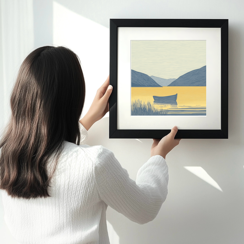 Rowing boat silhouette on calm lake Linoprint-Style Art (2523-2)