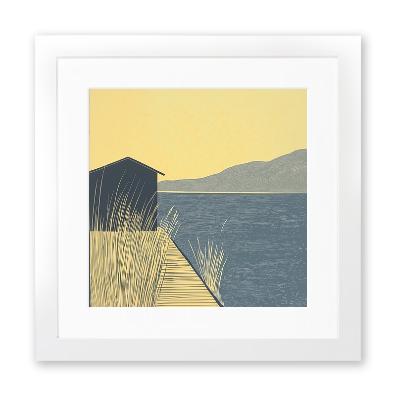 Boathouse silhouette on lake edge Linoprint-Style Art (2371-1)