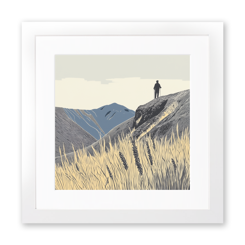 Hiker silhouette on a fell ridge Linoprint-Style Art (2454-2)
