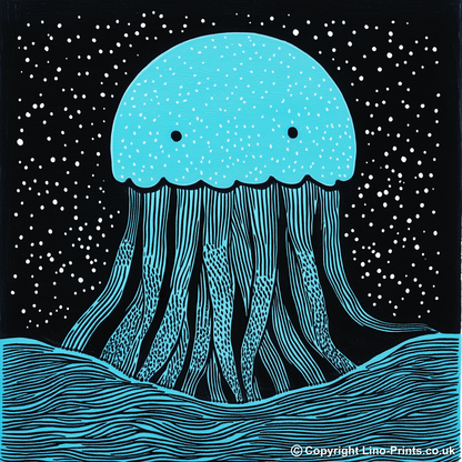 Jellyfish drifting in deep water Linoprint-Style Art (719-1)