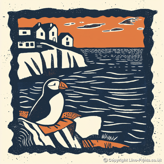 Puffin on cliff edge Linoprint-Style Art (105-1)