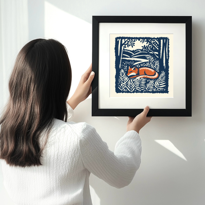 Ferns with resting fox Linoprint-Style Art (90-1)