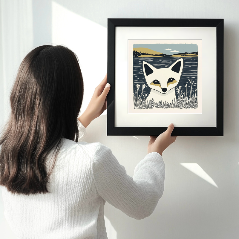 Cute Arctic Fox Pup Linoprint-Style Art (1189-1)