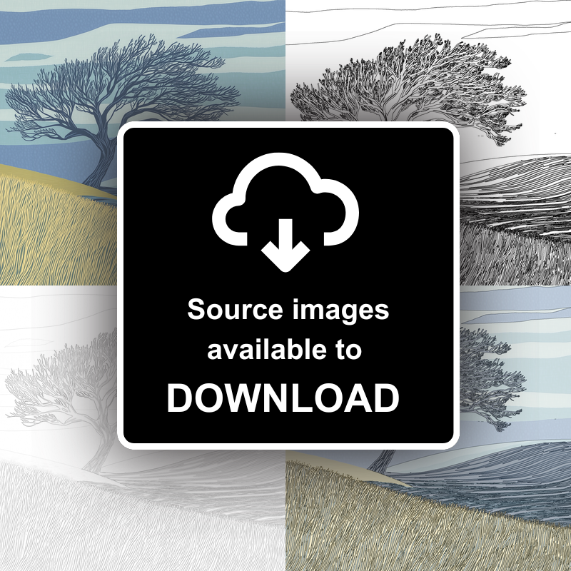 Lone windswept Hawthorn tree Linoprint-Style Art (2479-1)