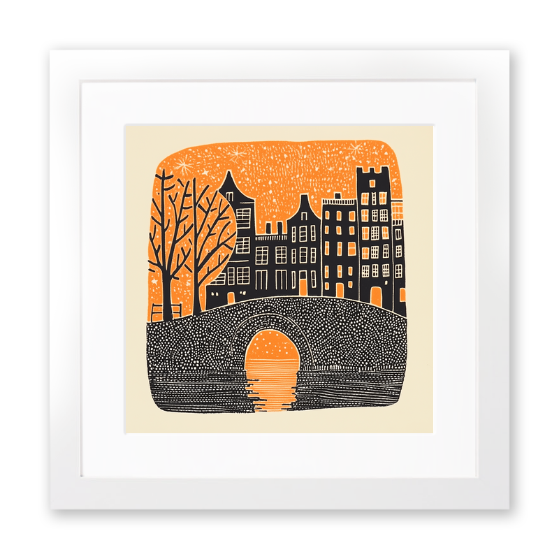 Amsterdam canal at twilight Linoprint-Style Art (164-1)