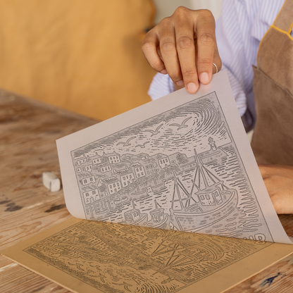 Mevagissey Harbour Linoprint-Style Art (c3)